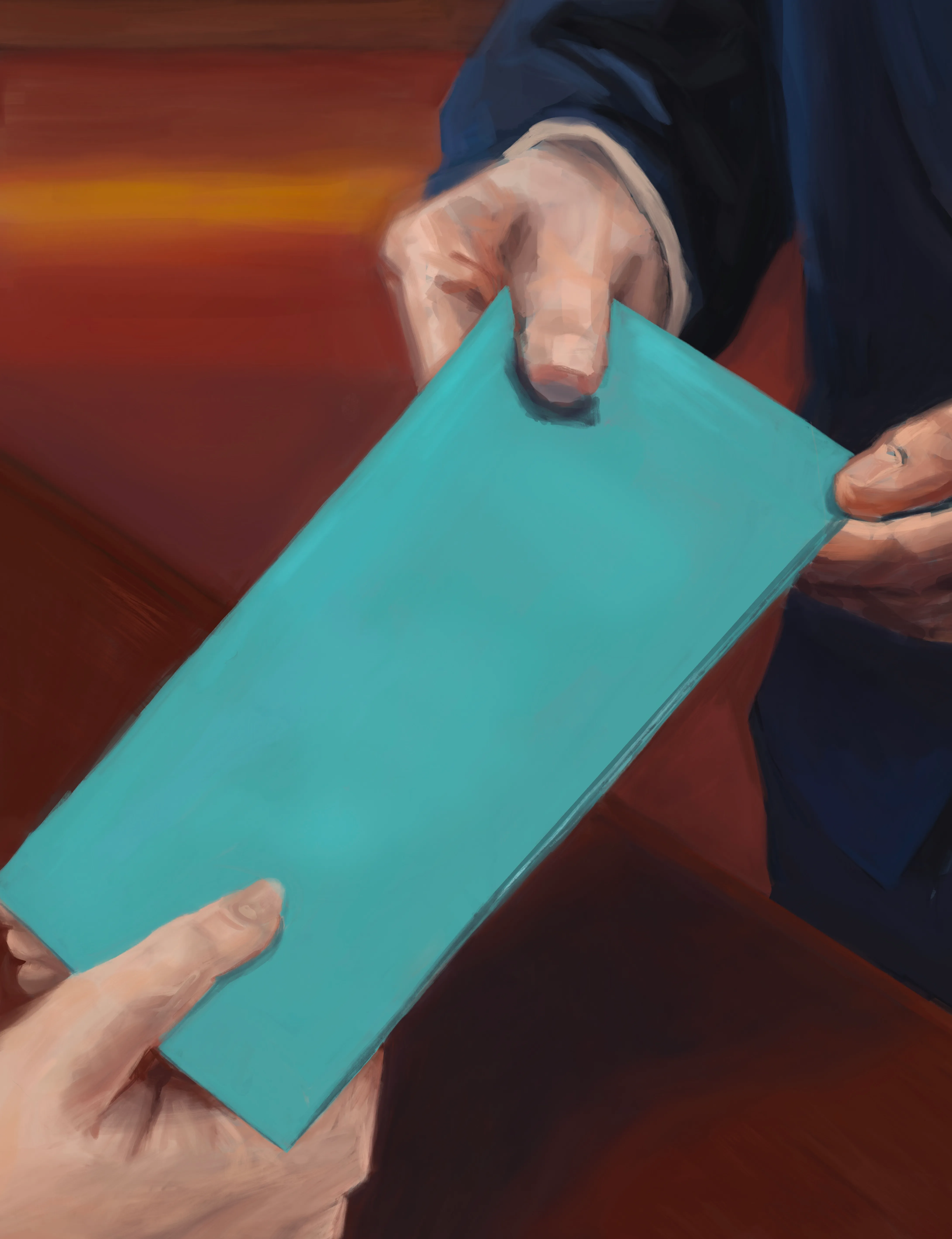 Oil painting by Lillie Nolan of a hotel host handing a guest a teal Strictons guide at check-in.